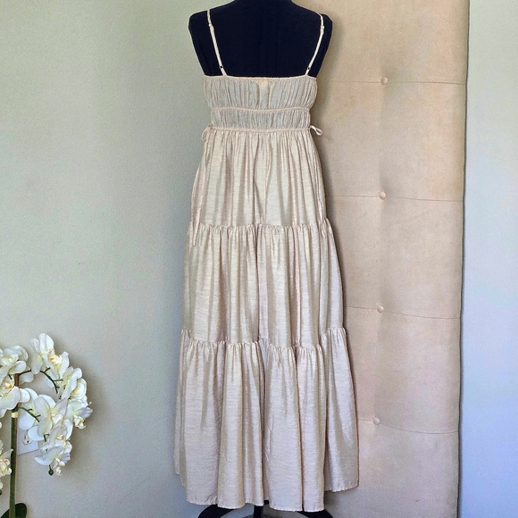 Blu Pepper-Boho Smocked Tiered Maxi Sundress, Champagne, Lined Adjustable Straps - Picture 2 of 10